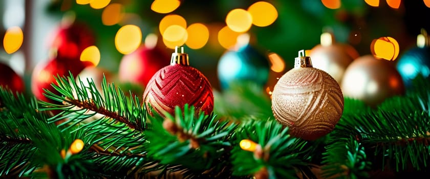Sparkling ornament balls in vibrant red and gold hang from a lush spruce tree branch. Soft, warm lights twinkle enhancing festive spirit of Christmas. Happy New Year. Anamorphic  bokeh. Generative AI.