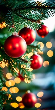 Sparkling ornament balls in vibrant red and gold hang from a lush spruce tree branch. Soft, warm lights twinkle enhancing festive spirit of Christmas. Happy New Year. Anamorphic bokeh. Generative AI.