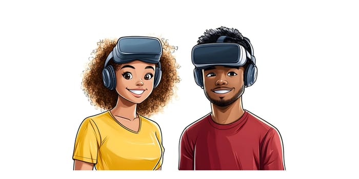 Young girl with brown curly hair and east-asian boy with dark hair and light beard wearing VR headset. Diversity and inclusion concept. - AI generated image