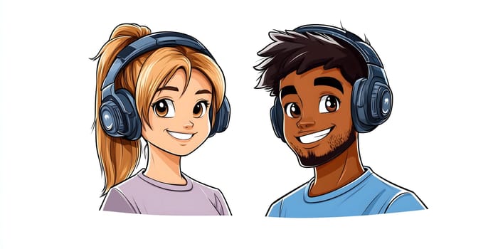 A blonde caucasian girl with ponytail and african boy with dark hair and beard wearing a headset. Diversity and inclusion concept. - AI generated image
