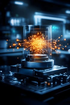 Advanced machinery glows with vibrant colors when performing calculations with complex quantum systems in a high-tech laboratory. AI generated image