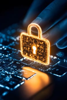 Glowing digital padlock hovering over a futuristic keyboard. cybersecurity, data protection and secure online transactions. AI generated image