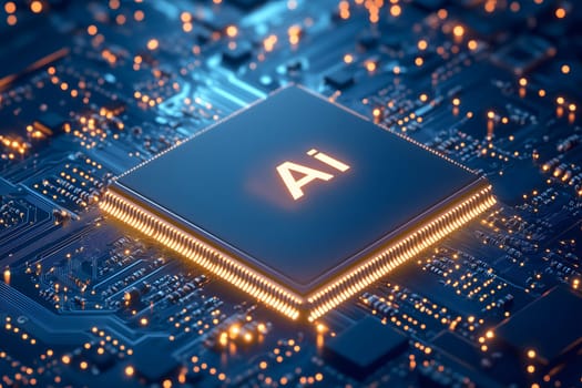 Close-up of a glowing AI microchip integrated into futuristic circuit board. Artificial intelligence concept. AI generated image