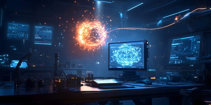 high-tech, futuristic quantum computing laboratory with holographic data displays and digital visualizations of complex energy interactions. blue and orange color grading. AI generated image