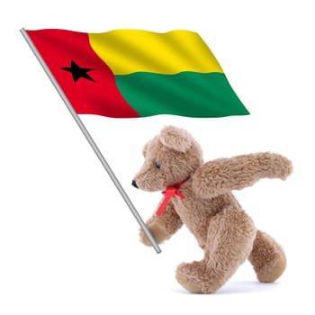 A Guinea Bissau flag being carried by a cute teddy bear red yellow green star black