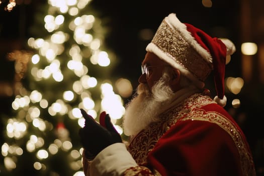 A festive Santa Claus stands near a beautifully lit Christmas tree enjoying the holiday ambiance on a winter evening.