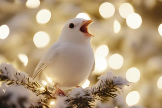 A small white bird is perched on a snow covered branch singing joyfully amidst glowing lights during early evening.