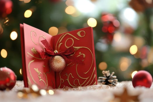 A festive red card with gold designs and a decorative ornament sits on a shimmering table surrounded by Christmas decorations and lights.