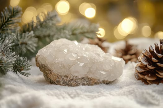 A clear crystal sits atop snow surrounded by pinecones and festive greenery creating a serene winter atmosphere.