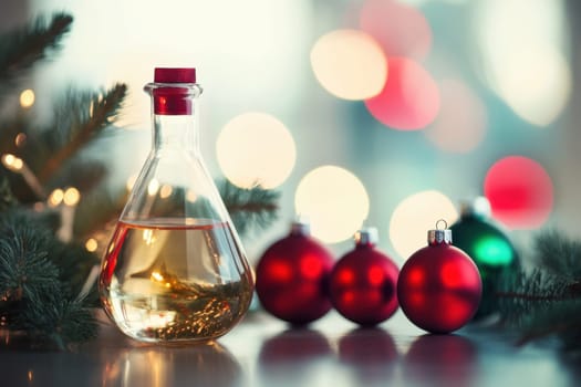 A glass flask beside red and green ornaments surrounded by holiday lights and evergreen branches creates a festive vibe.