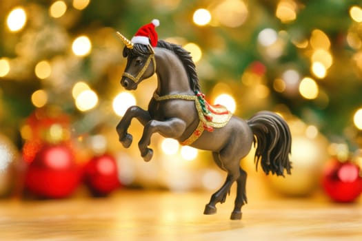 A unicorn toy wearing a Santa hat prances amid colorful holiday decorations and twinkling lights capturing the spirit of the season.