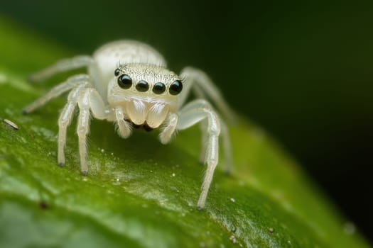 A tiny white spider is perched on a vibrant green leaf showcasing its unique features and delicate details in a natural setting.