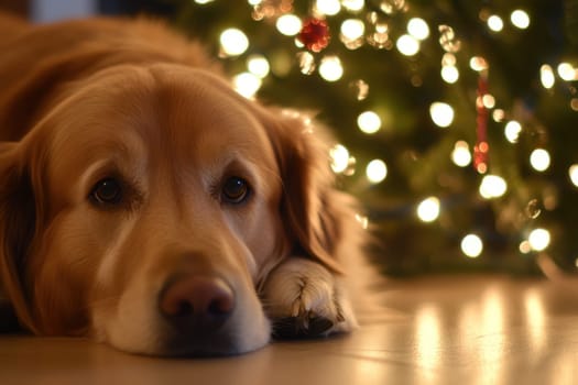 A golden retriever lies comfortably on the floor gazing at a festive Christmas tree adorned with twinkling lights and decorations.