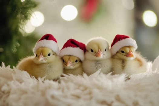 Four adorable chicks in Santa hats sit closely together on a cozy white surface celebrating the festive season.