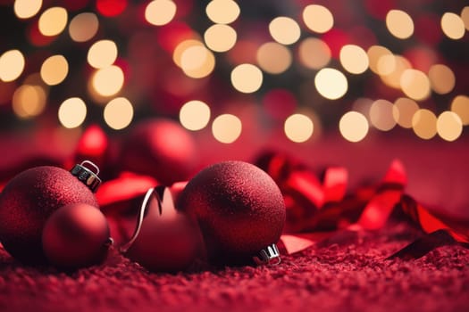 Bright red ornaments and ribbons are arranged on a soft surface creating a warm holiday atmosphere with soft bokeh lights in the background.