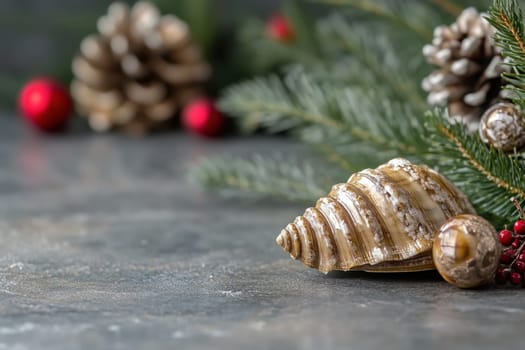A decorative shell rests on a textured surface surrounded by pinecones and festive holiday greenery creating an inviting seasonal display.