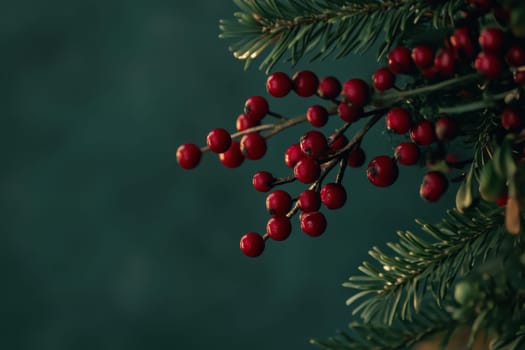 Bright red berries adorn lush evergreen branches creating a festive winter display against a dark background.