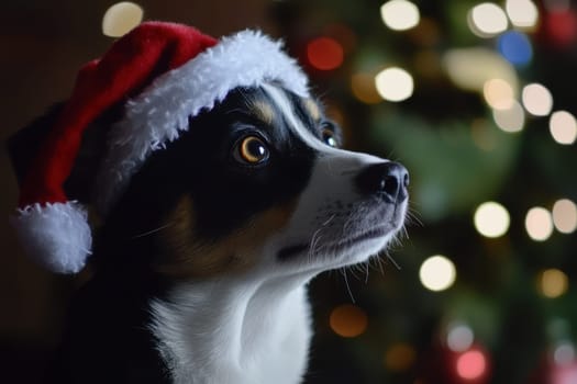 A joyful dog dressed in a Santa hat gazes thoughtfully beside a beautifully decorated Christmas tree filled with lights.