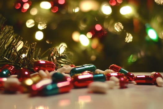 Brightly colored capsules are scattered across a surface with a Christmas tree in the background adorned with twinkling lights.