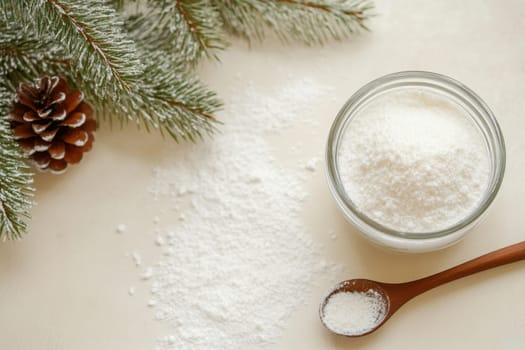 A jar of powdered substance sits beside pine branches and a pine cone creating a winter themed atmosphere perfect for festive decoration.