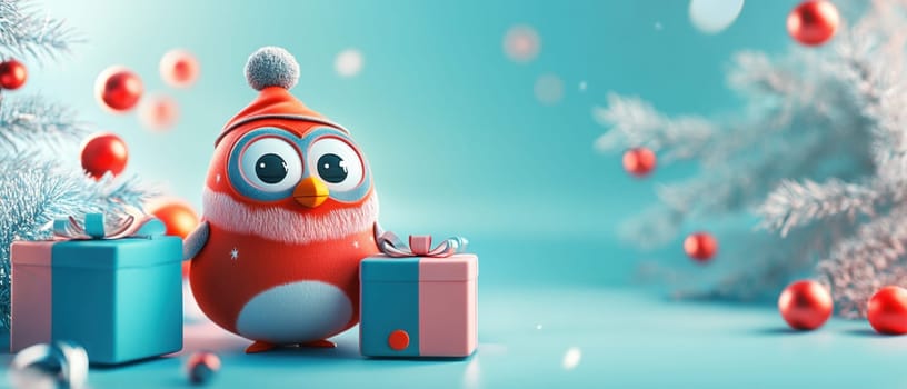 A cheerful cartoon penguin stands next to wrapped gifts in a vibrant winter landscape surrounded by festive decorations and snowflakes.