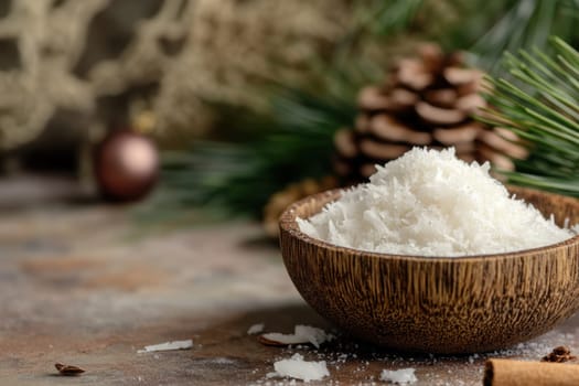 A rustic wooden bowl filled with coconut flakes surrounded by pine cones and festive decorations capturing a cozy holiday atmosphere.