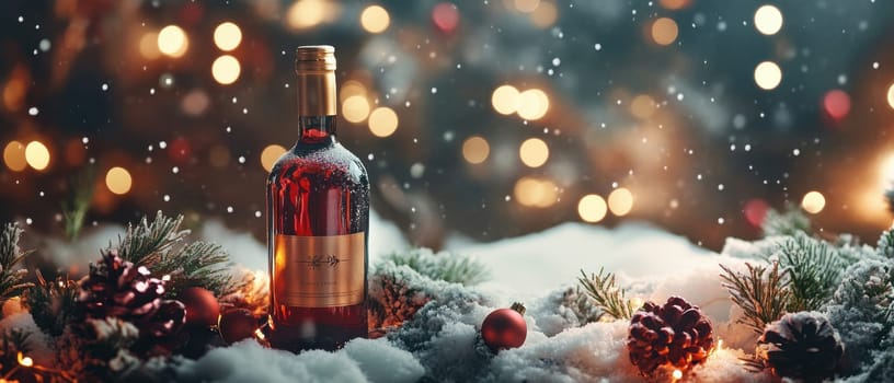 A bottle of red wine is surrounded by snow pine branches and holiday decorations creating a cozy winter atmosphere during the festivities.