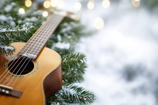 A classic acoustic guitar lies gently atop snowy pine branches evoking a cozy winter atmosphere amid soft twinkling lights.