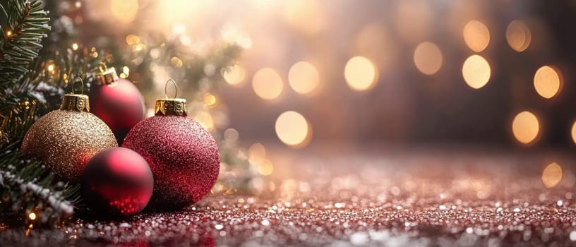 Decorative Christmas ornaments in red and gold rest on a shimmering surface with soft lights creating a warm festive atmosphere.