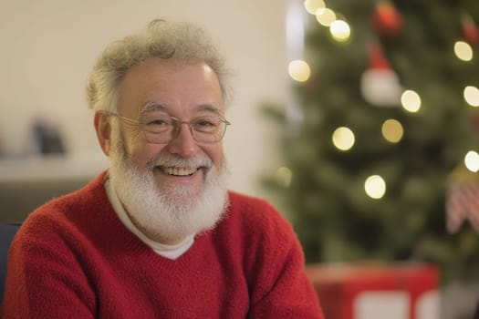 An elderly man with a white beard smiles warmly dressed in a red sweater surrounded by festive decorations and a Christmas tree.