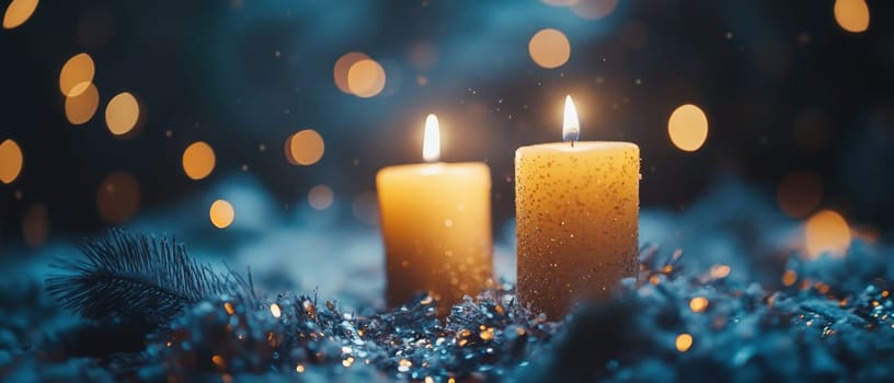 Two lit candles sit surrounded by festive decorations creating a warm atmosphere perfect for a winter celebration.