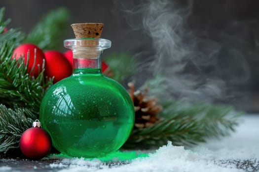 A vibrant green potion sits on a snowy surface surrounded by pine branches and red ornaments creating a magical holiday atmosphere.