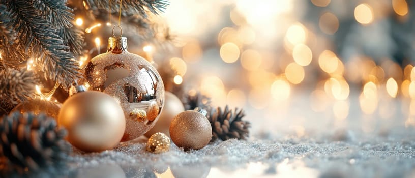 Gold ornaments and pinecones decorate a snowy surface with warm lights creating a festive atmosphere during the holiday season.