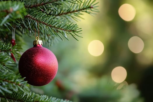 A vibrant red ornament dangles from a lush green branch of a Christmas tree surrounded by soft glowing lights.