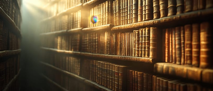 Dust particles float in soft light illuminating rows of ancient books lining the shelves in a large quiet library.