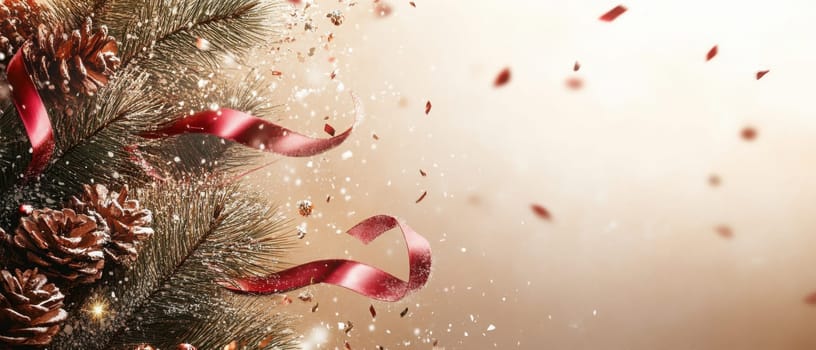 Decorated with red ribbons and pinecones the Christmas tree exudes a joyful holiday spirit creating a warm and inviting atmosphere.