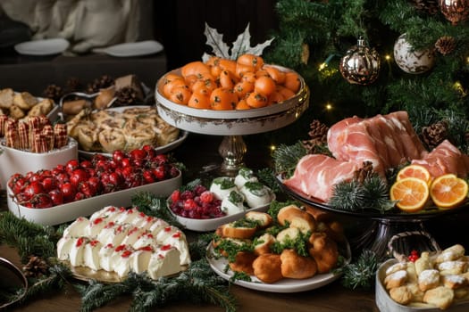 A beautifully arranged holiday table showcases a variety of treats including fruits meats pastries and desserts all exuberantly decorated.