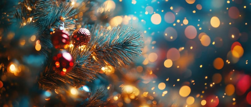 Decorated Christmas tree adorned with shiny ornaments and warm lights creating a festive atmosphere during the holiday season.