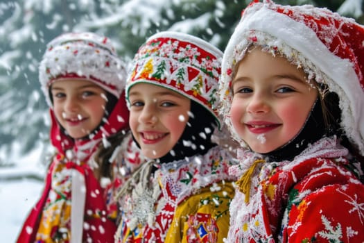 Three children dressed in colorful winter outfits are smiling joyfully in a snowy landscape creating a cheerful winter atmosphere.