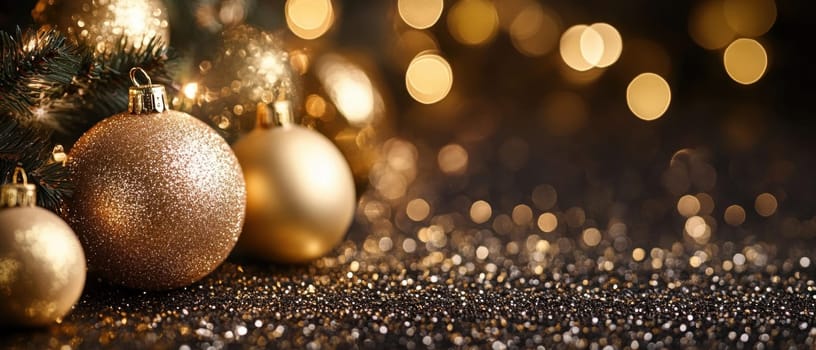Golden ornaments sparkle beside warm glowing lights on a festive background creating a cozy holiday atmosphere.