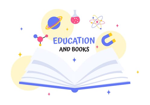 Education and Knowledge Books Vector Illustration featuring People Studying and School Items for Learning in a Flat Style Cartoon Background