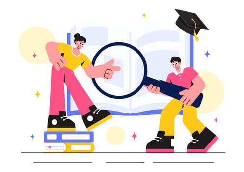 Education and Knowledge Books Vector Illustration featuring People Studying and School Items for Learning in a Flat Style Cartoon Background