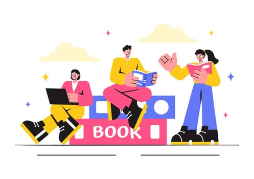 Education and Knowledge Books Vector Illustration featuring People Studying and School Items for Learning in a Flat Style Cartoon Background