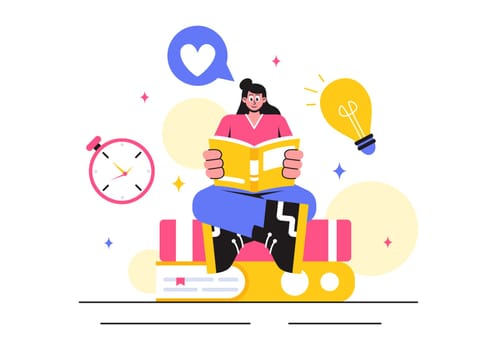 Education and Knowledge Books Vector Illustration featuring People Studying and School Items for Learning in a Flat Style Cartoon Background