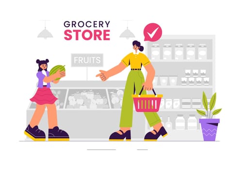 Vector Illustration of a Grocery Store Shelf Stocked with Assorted Food Items and Products for Daily Shopping Needs in a Flat style Background