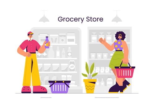 Vector Illustration of a Grocery Store Shelf Stocked with Assorted Food Items and Products for Daily Shopping Needs in a Flat style Background
