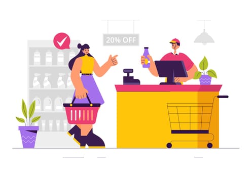 Vector Illustration of a Grocery Store Shelf Stocked with Assorted Food Items and Products for Daily Shopping Needs in a Flat style Background