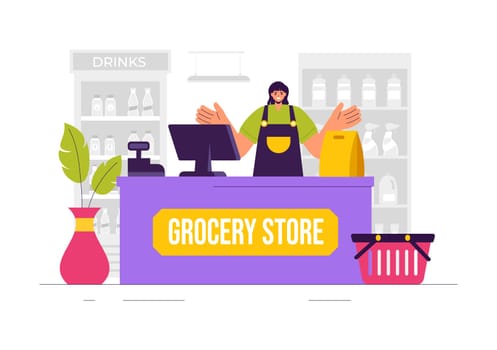 Vector Illustration of a Grocery Store Shelf Stocked with Assorted Food Items and Products for Daily Shopping Needs in a Flat style Background