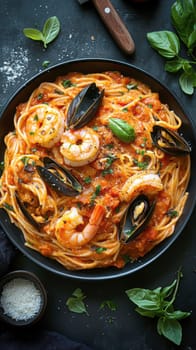 Pasta with seafood in tomato sauce, and shrimp and clams. AI generative.