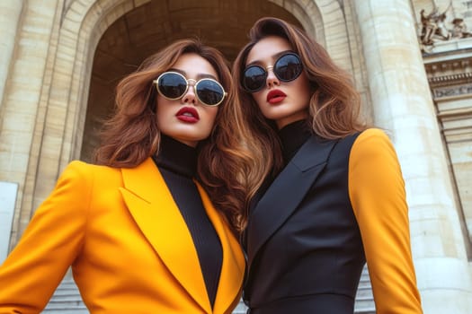 Women photographed on the street, all 70s style. AI generative